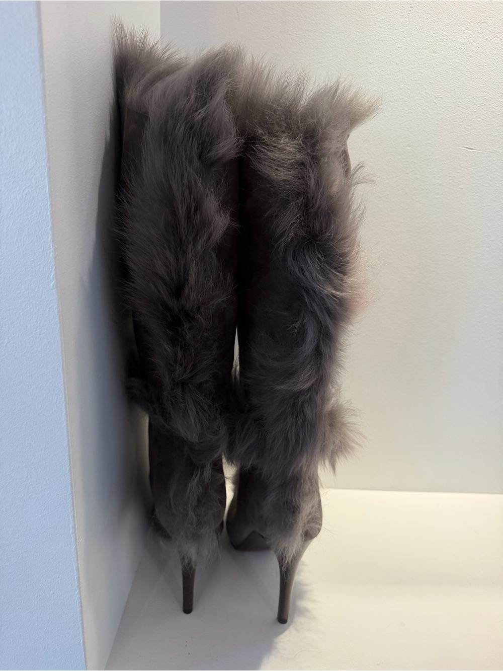 Pedro Garcia Sully Gray Suede Knee-High Fur Heeled Boots Peep Toe - Picture 4 of 7